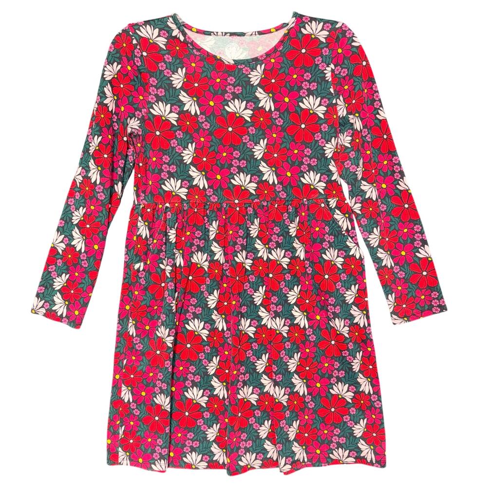 Wonder Nation Girls Shirt Dress Floral Long Sleeve High Waist Pockets Red Green